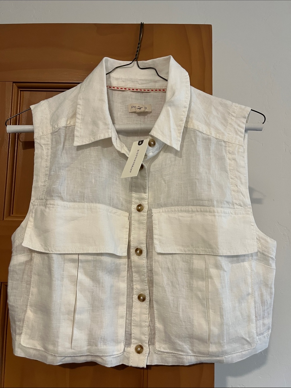 Anthropologie Sleeveless White Button-Front Linen Vest